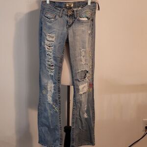 Vintage Department of Peace  Low Rise Y2K distressed beaded patchwork  size 3